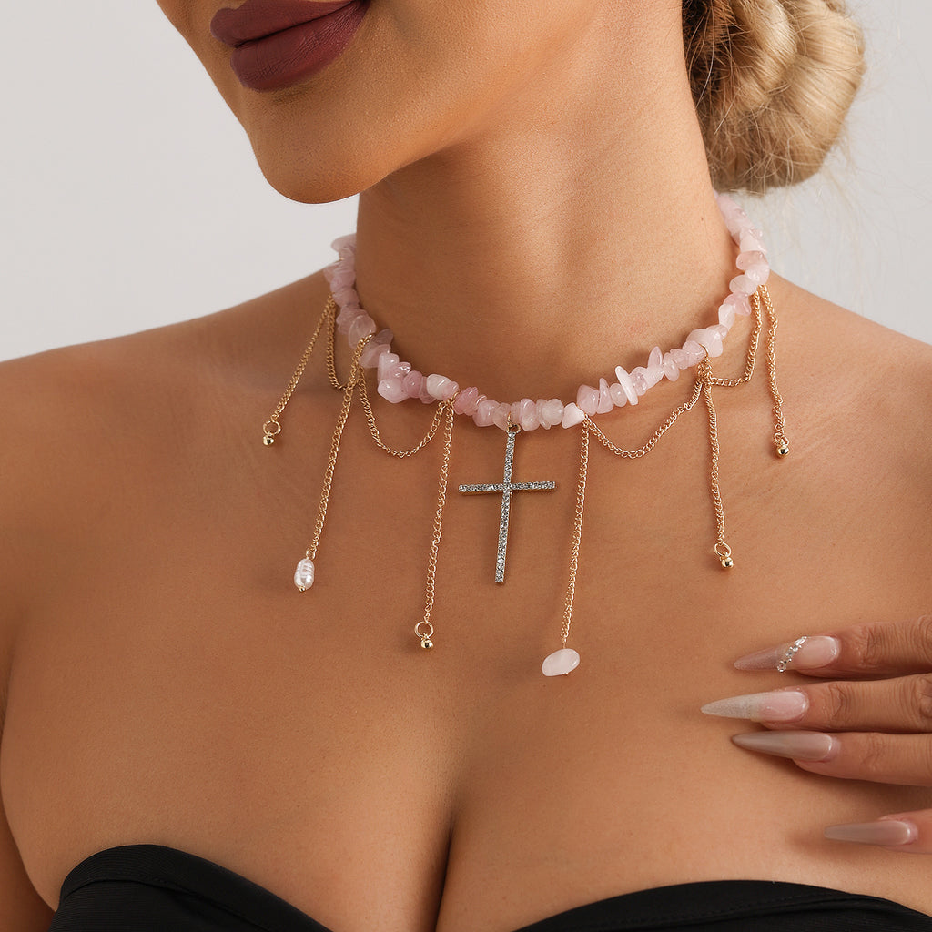 Vintage Rose Quartz Cross Necklace