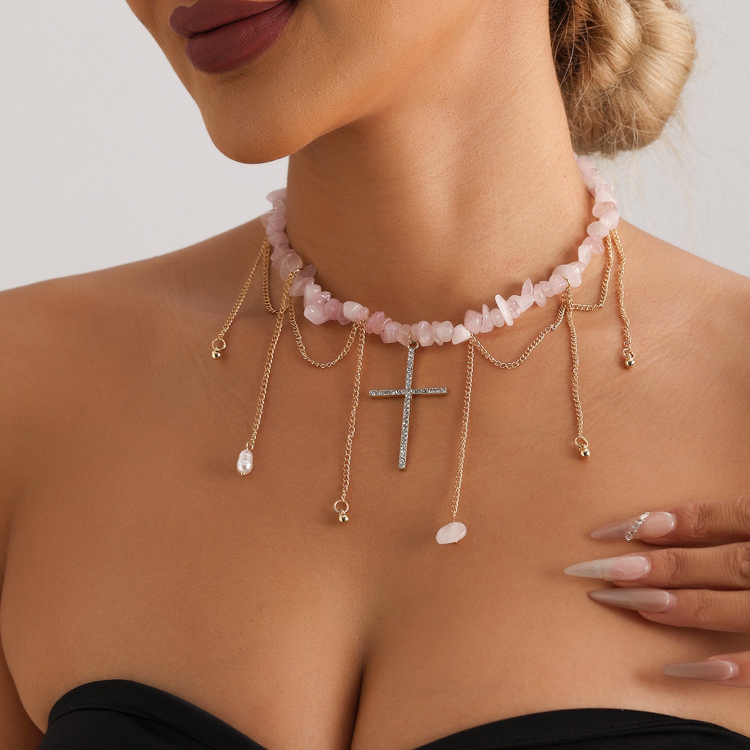Vintage Rose Quartz Cross Necklace