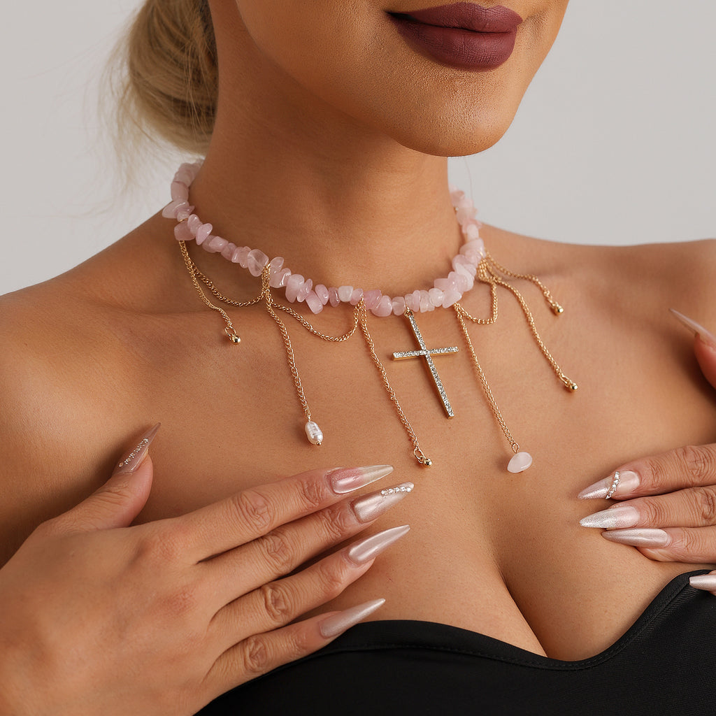 Vintage Rose Quartz Cross Necklace