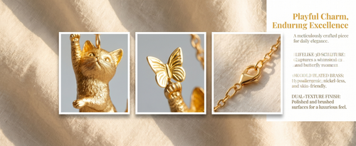 18K Gold 3D Cat & Butterfly Necklace