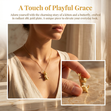 18K Gold 3D Cat & Butterfly Necklace