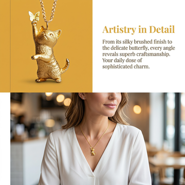 18K Gold 3D Cat & Butterfly Necklace