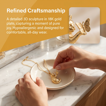 18K Gold 3D Cat & Butterfly Necklace