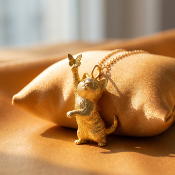 18K Gold 3D Cat & Butterfly Necklace