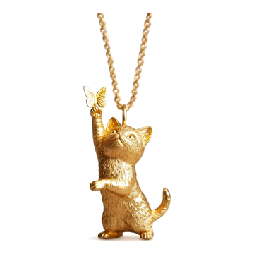 18K Gold 3D Cat & Butterfly Necklace