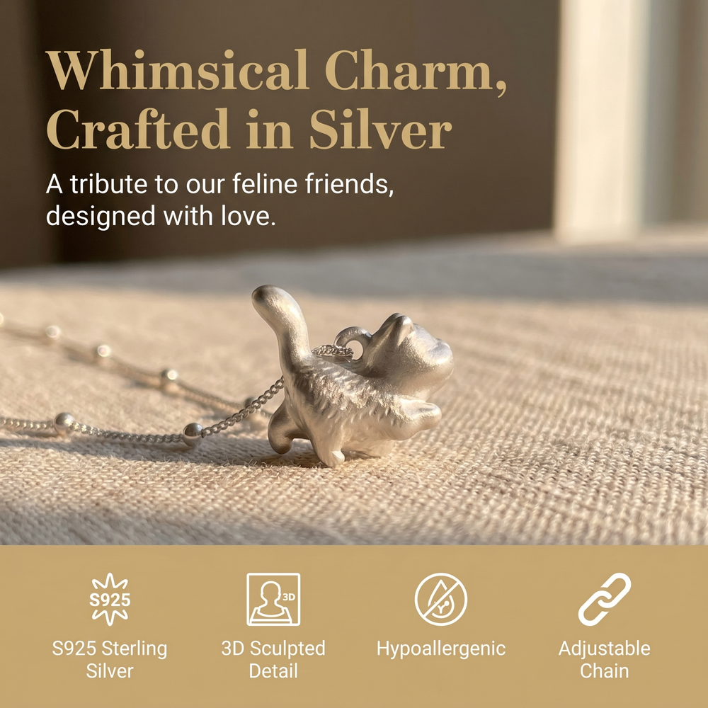 3D Sterling Silver Proud Cat Necklace