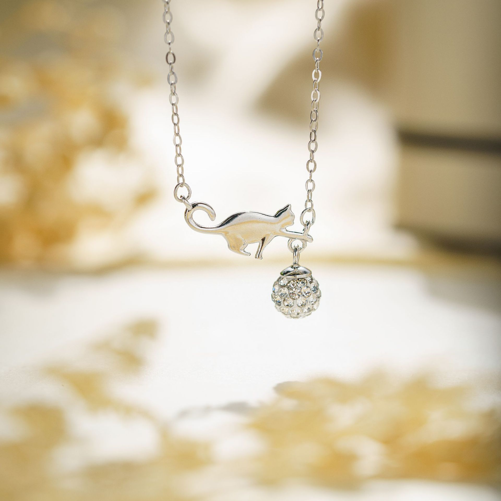 Cat Playing with Ball Silver Necklace | Cat Lover Gift