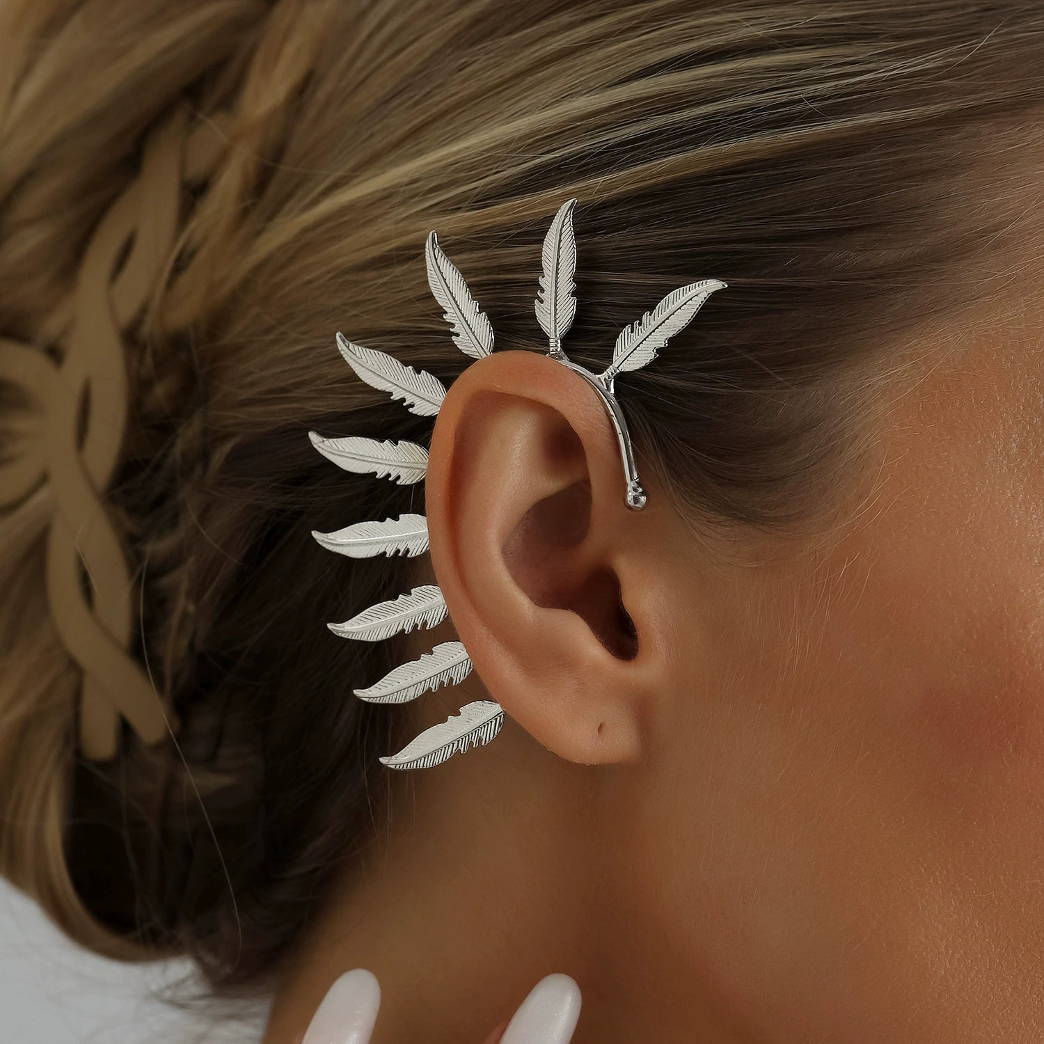 Metal Feather Earcuff Earrings