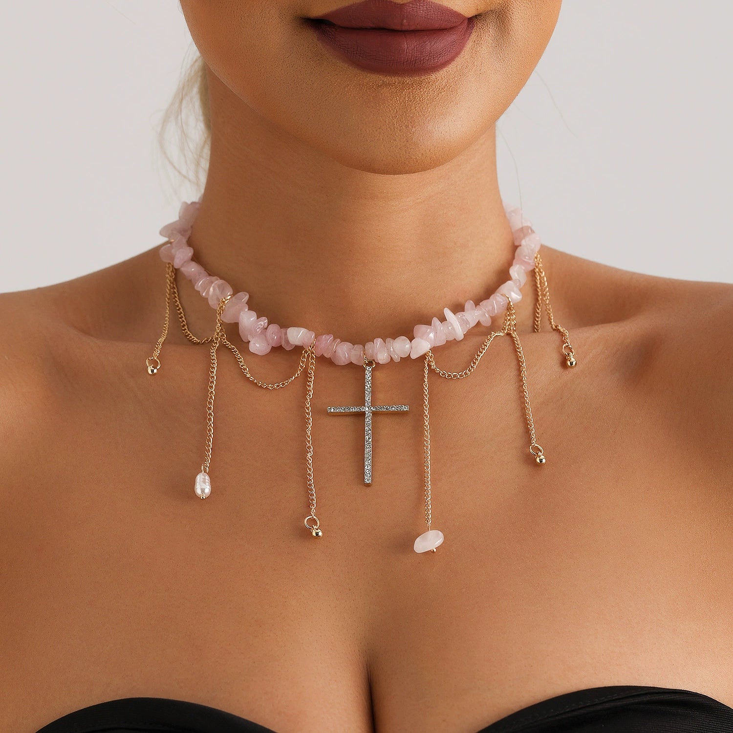 Vintage Rose Quartz Cross Necklace